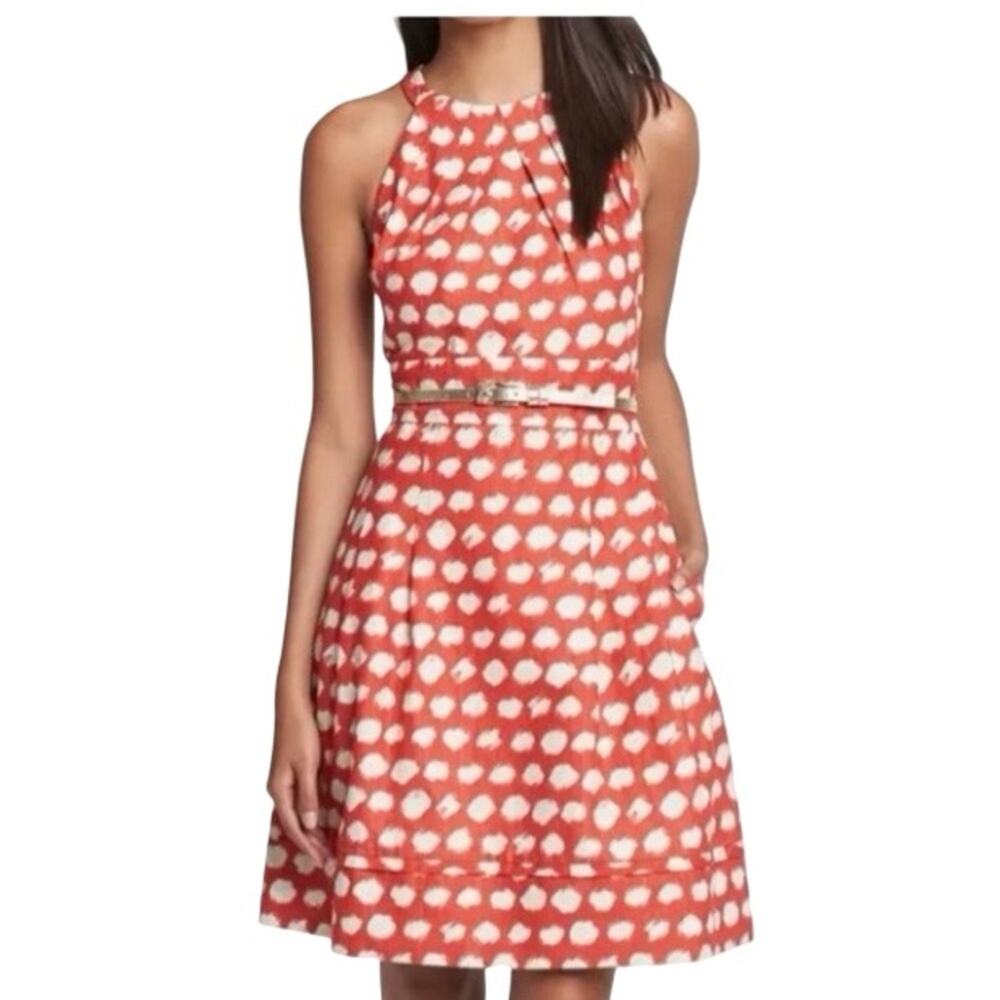 Reto Eliza J  Red Coral/White Paint Brush Polka Dot Sleeveless A-Line Dress 14
